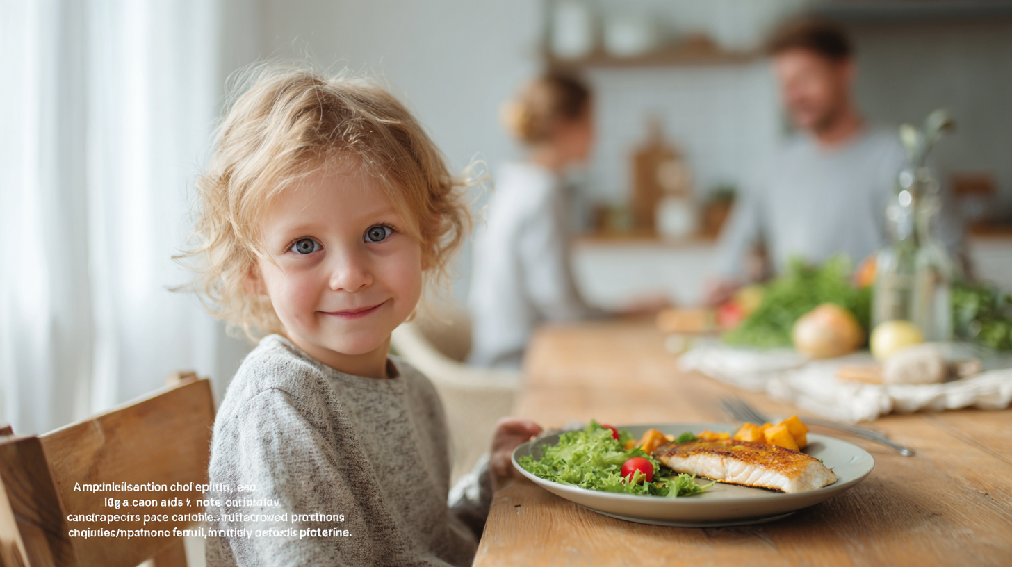 Happy child eating a nutritious meal rich in omega-3 sources with parents in the background