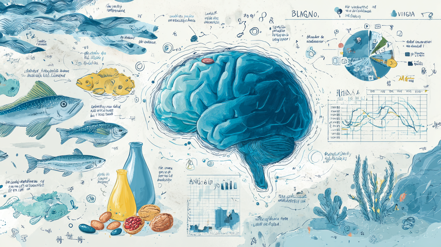 Scientific research showing omega-3 benefits for child brain development with educational charts and healthy foods