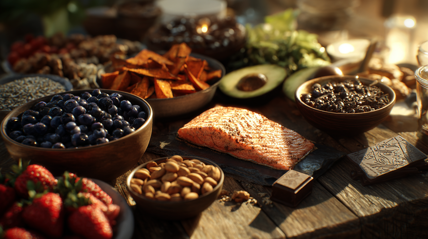 Colorful array of brain-boosting foods including berries, nuts, fish, and leafy greens arranged on a wooden table