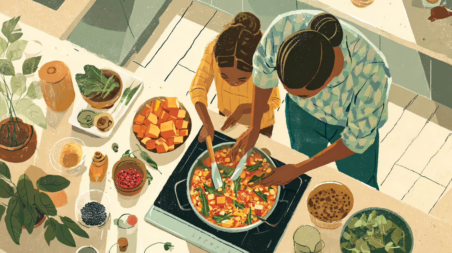 Parent and child cooking together in kitchen, preparing healthy meal with fresh ingredients