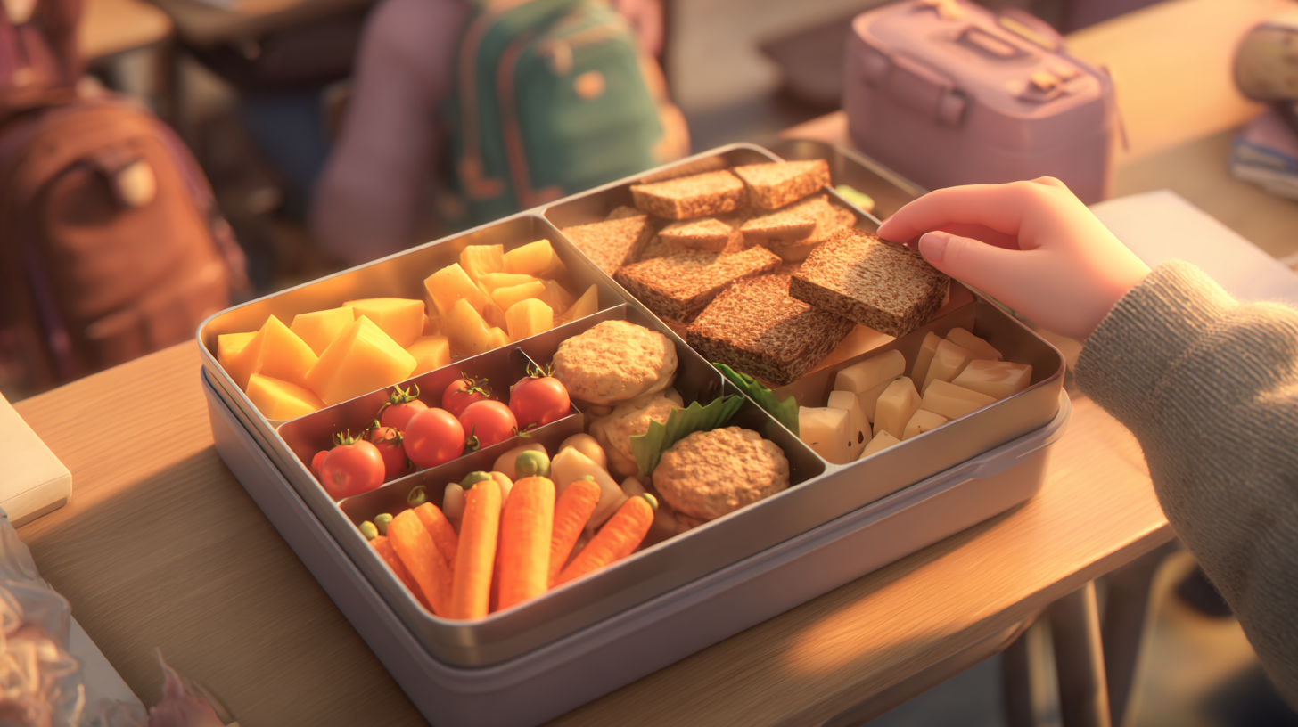 Colorful and balanced school lunchbox with fruits, vegetables, proteins and whole grains arranged in compartments