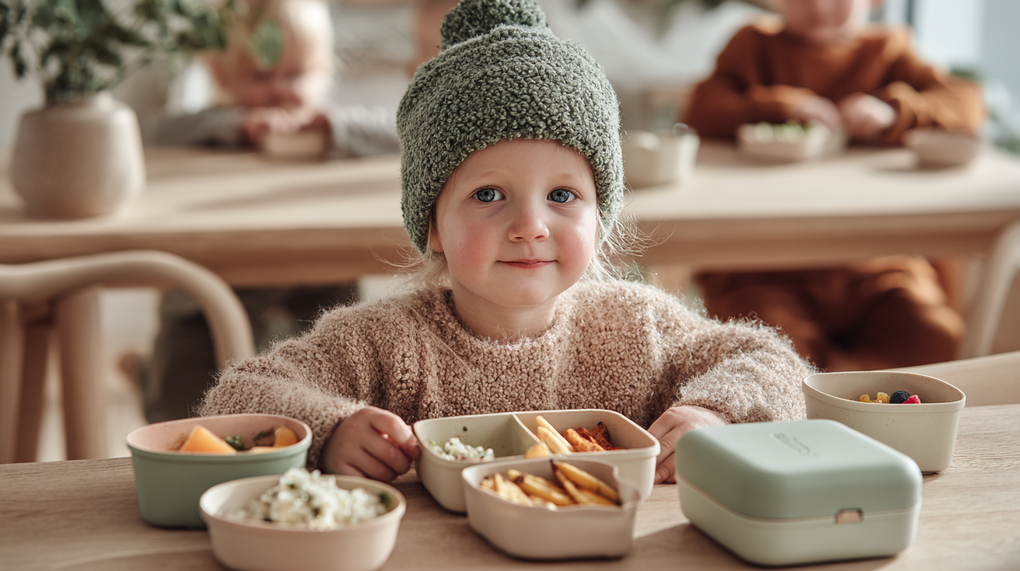 Child happily eating nutritious lunch at school with friends in cafeteria
