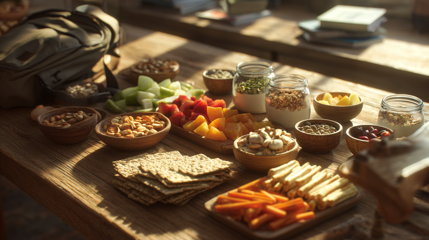 Nutritious after-school snacks arranged on a wooden table including fruits, vegetables, and protein-rich options