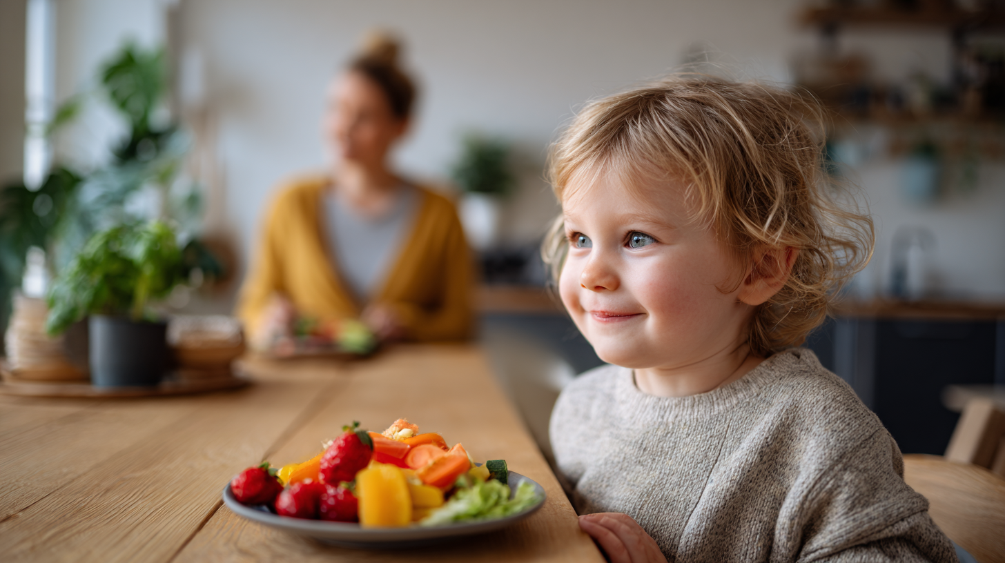 Child enjoying a healthy after-school snack with parents in the background preparing dinner
