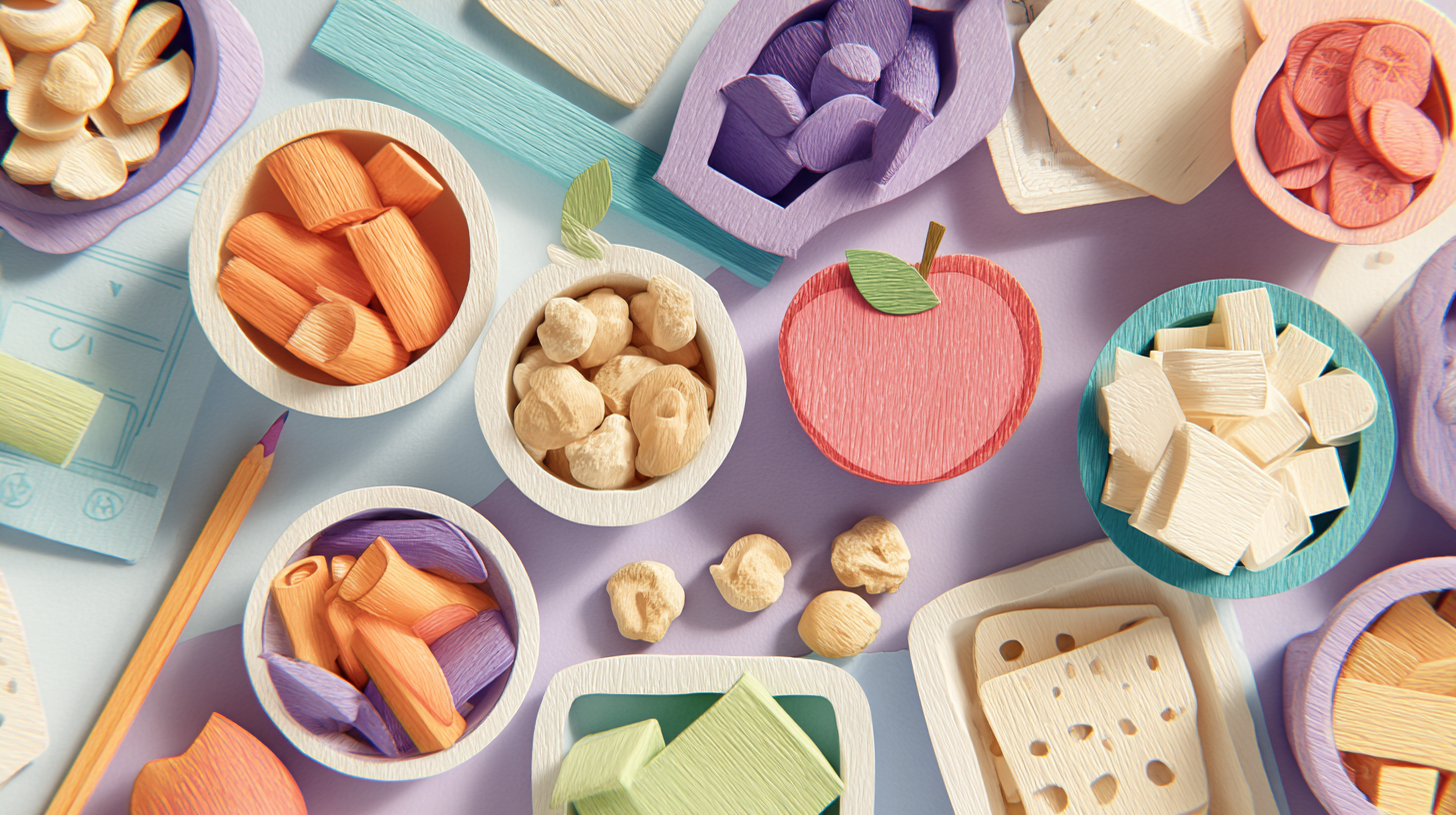 Variety of colorful nutrient-dense snacks displayed in portion-controlled containers