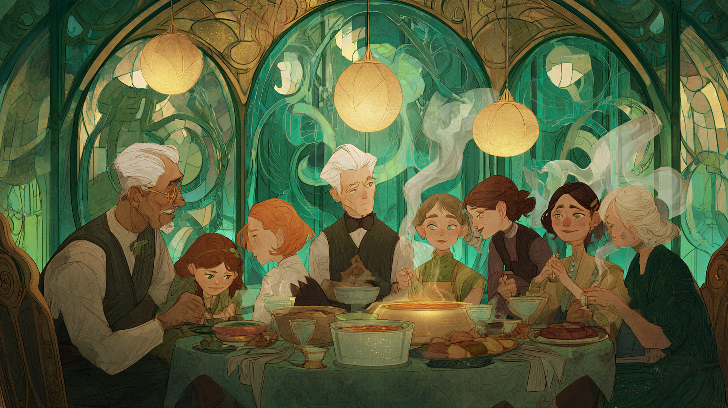 Family of different ages sitting together at dinner table laughing and sharing food with warm lighting