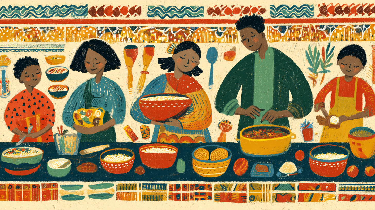 Diverse family cooking together with children engaged in cultural food preparation and learning
