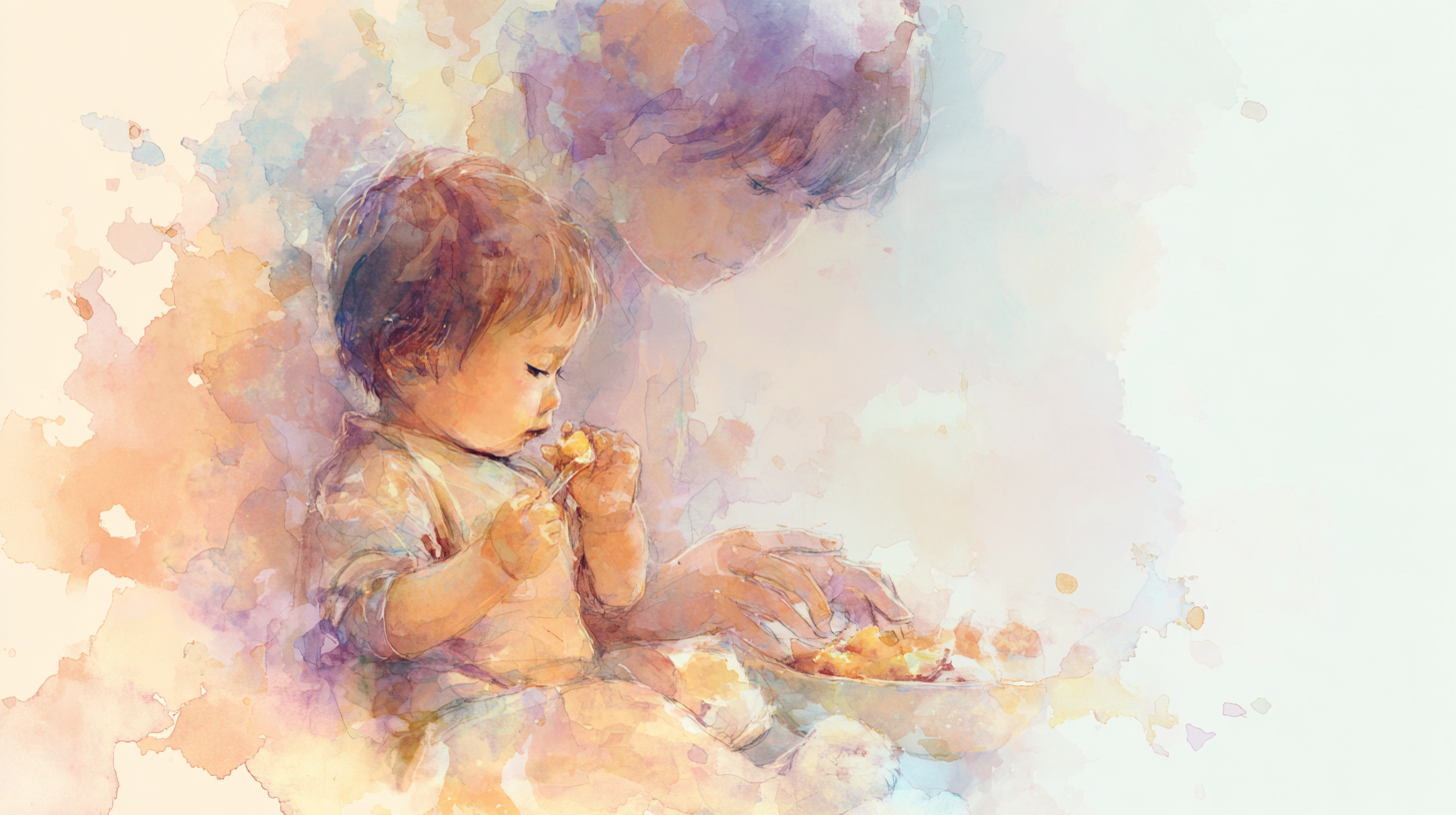Happy baby safely exploring first foods with proper supervision and supportive parent nearby