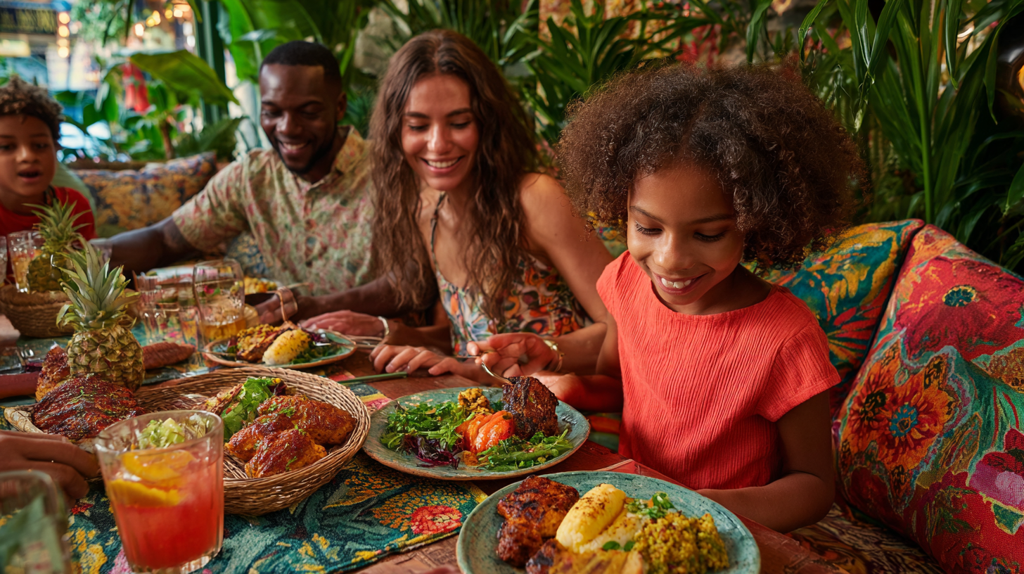 Parents and children looking at restaurant menu together, engaging in meal selection