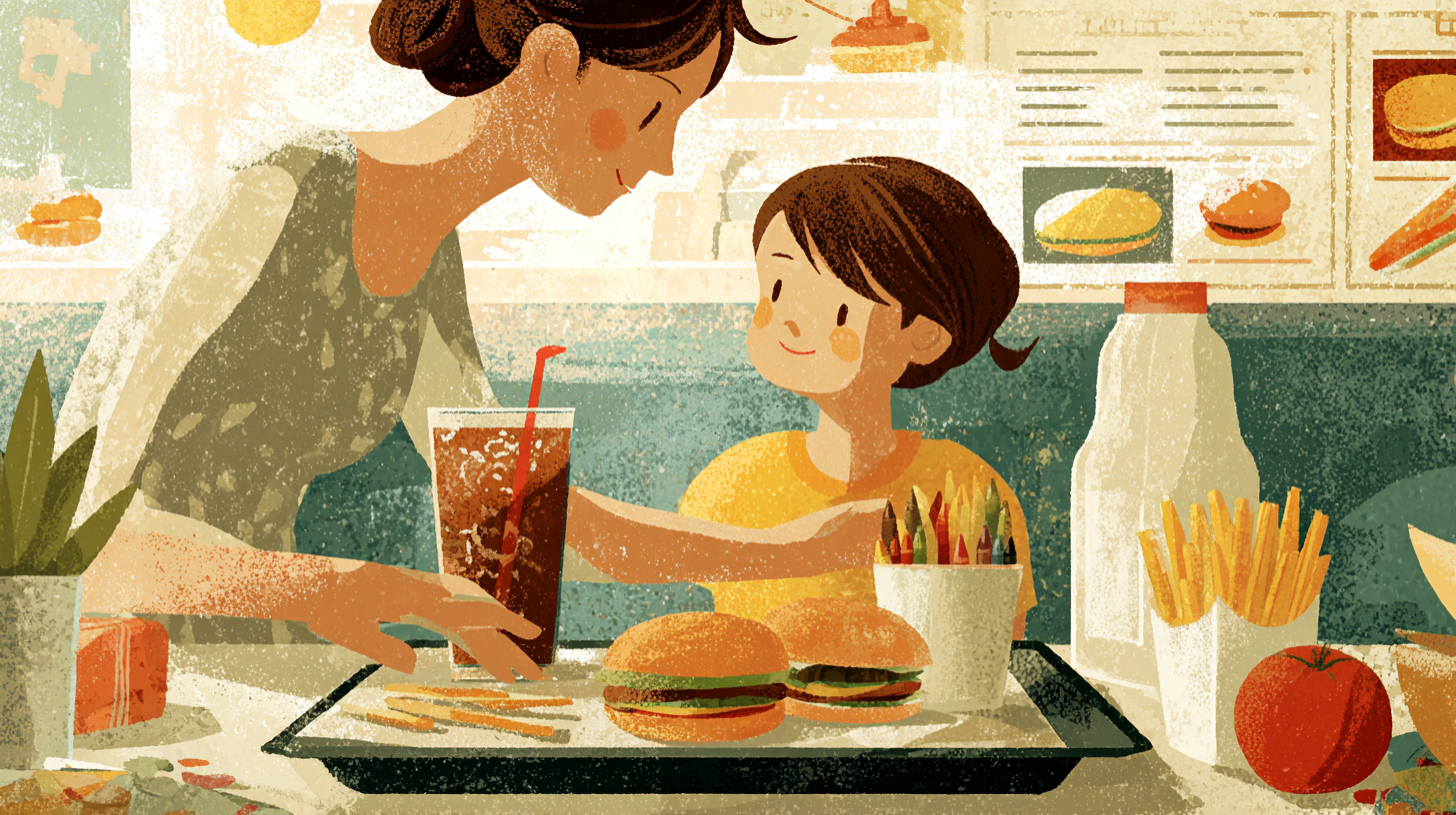 Parent making healthier fast food choices with children at restaurant