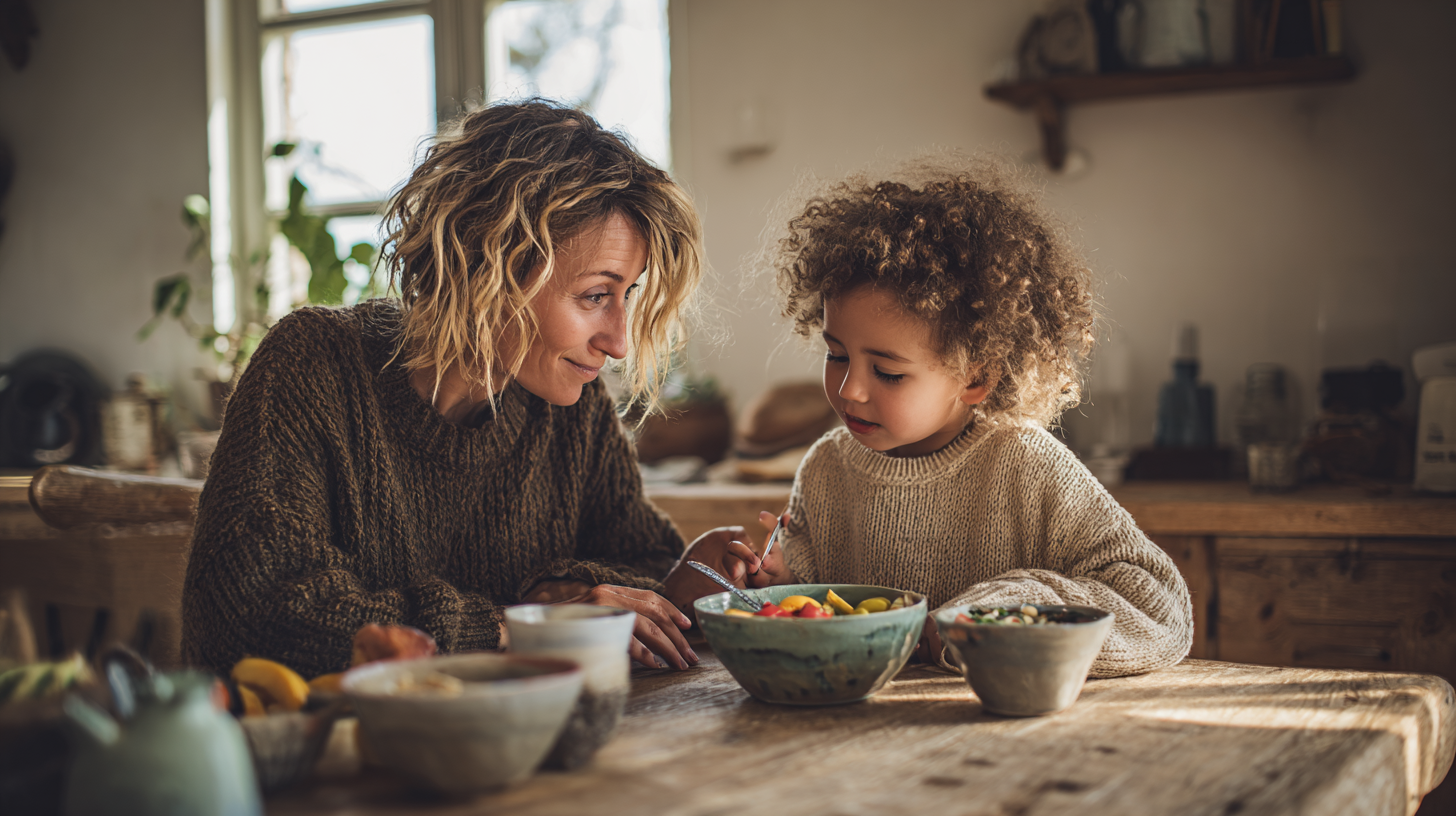 Parent teaching child about nutritious food choices and balanced eating