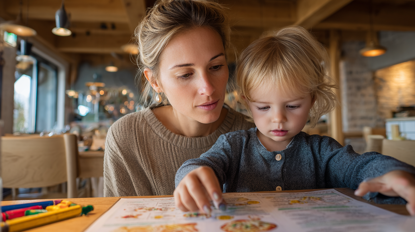 Family dining out together at a restaurant with happy children enjoying their meal