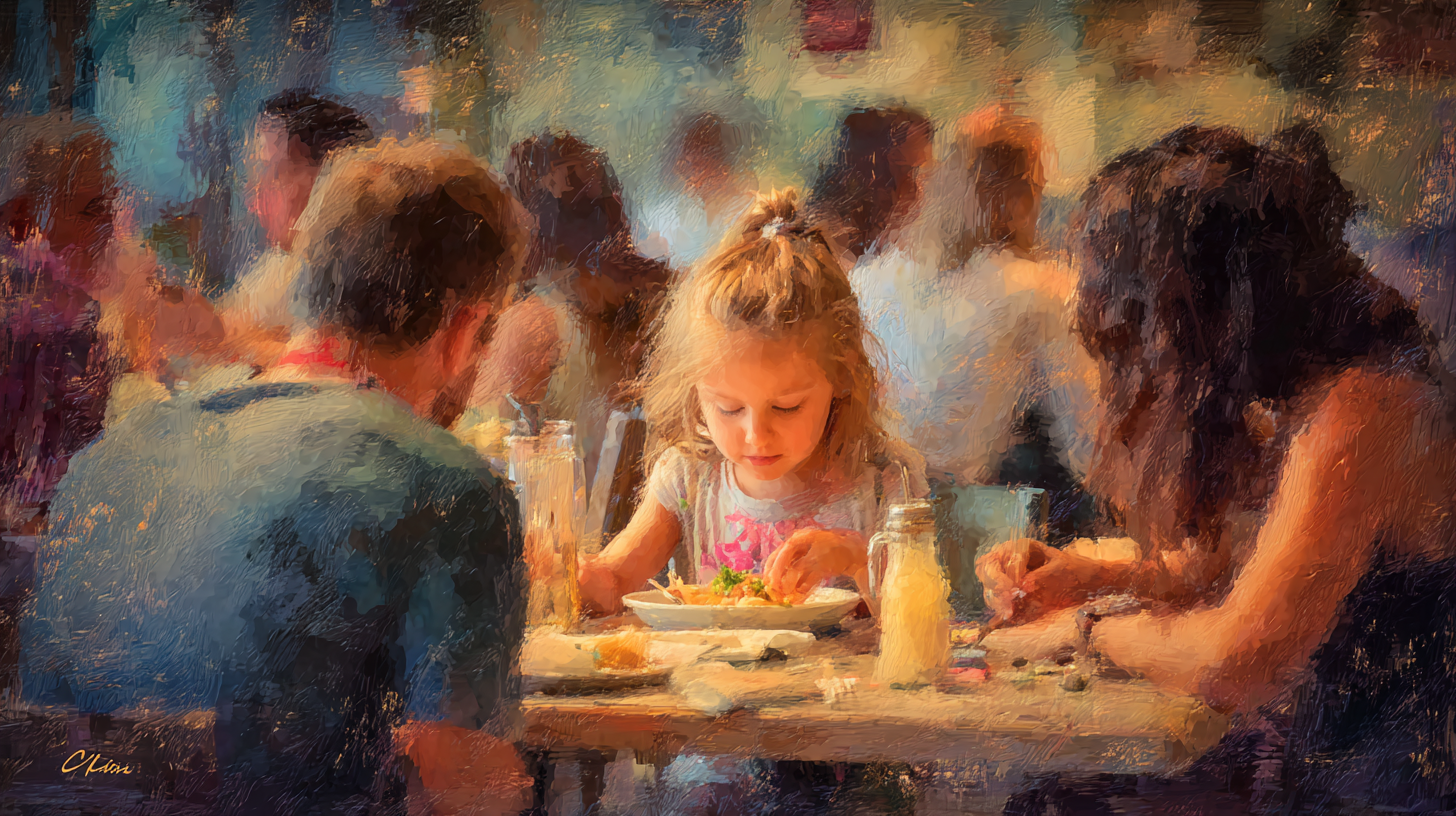 Calm family restaurant environment with child happily eating familiar food