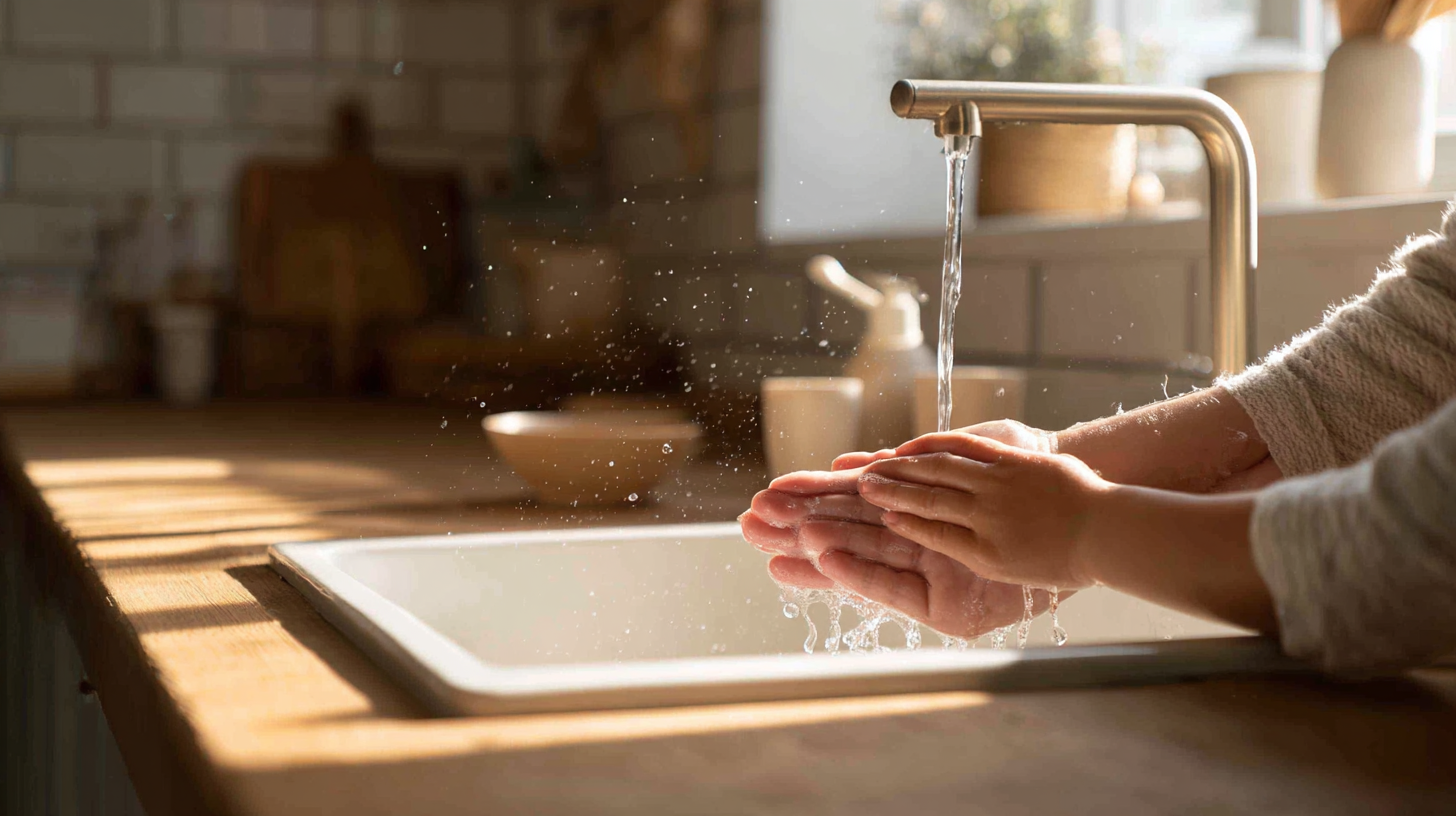 Parent teaching young child proper handwashing technique at kitchen sink with soap and water