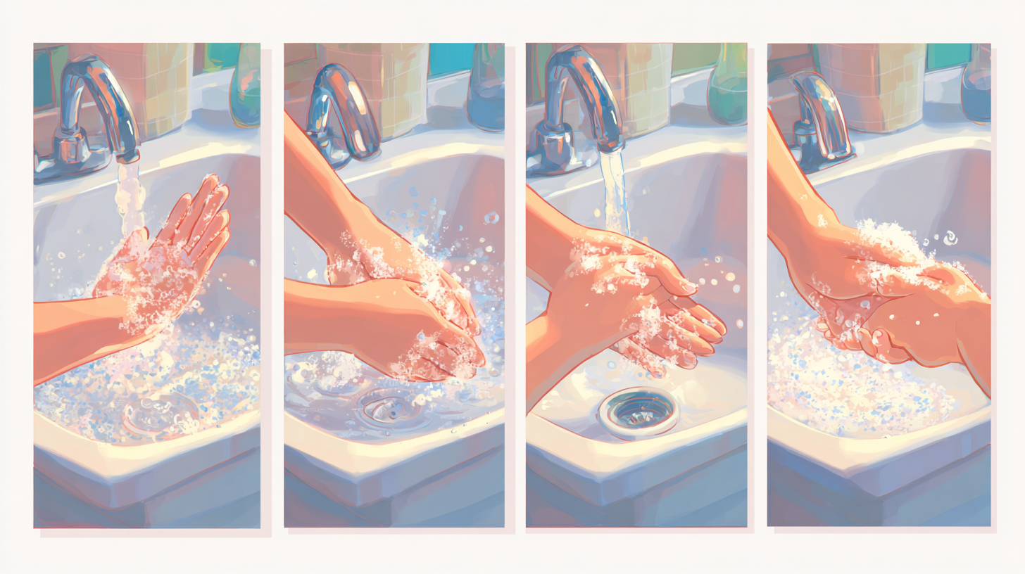 Step-by-step visual guide showing children's proper handwashing technique with numbered steps and soap bubbles