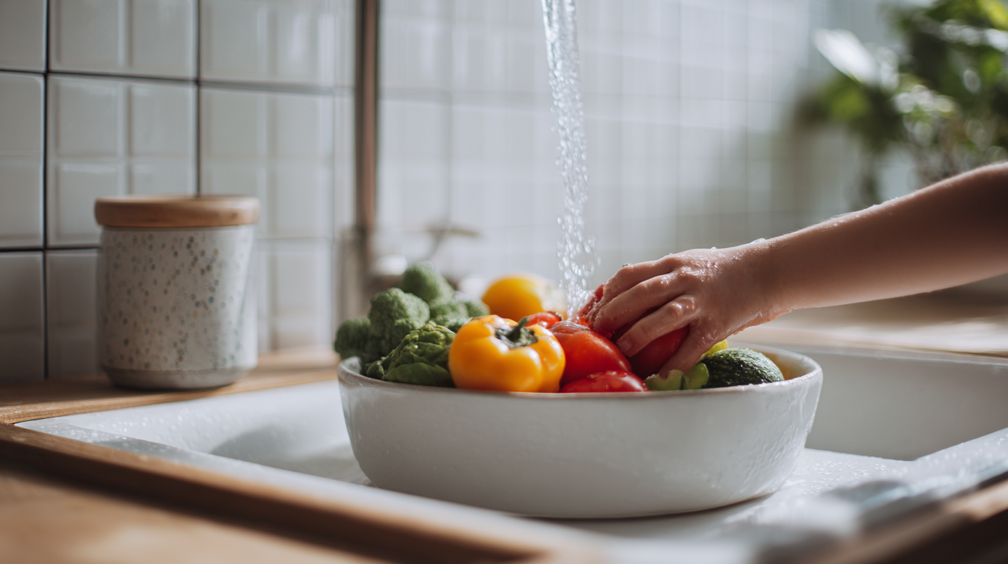 Parent carefully washing fresh vegetables in kitchen sink ensuring food safety