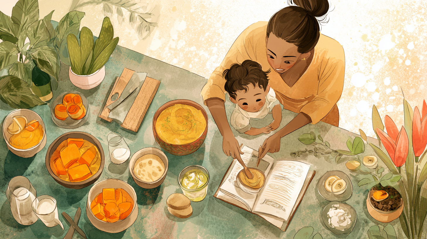Variety of fresh Caribbean ingredients including plantains sweet potatoes and tropical fruits for safe baby meal preparation