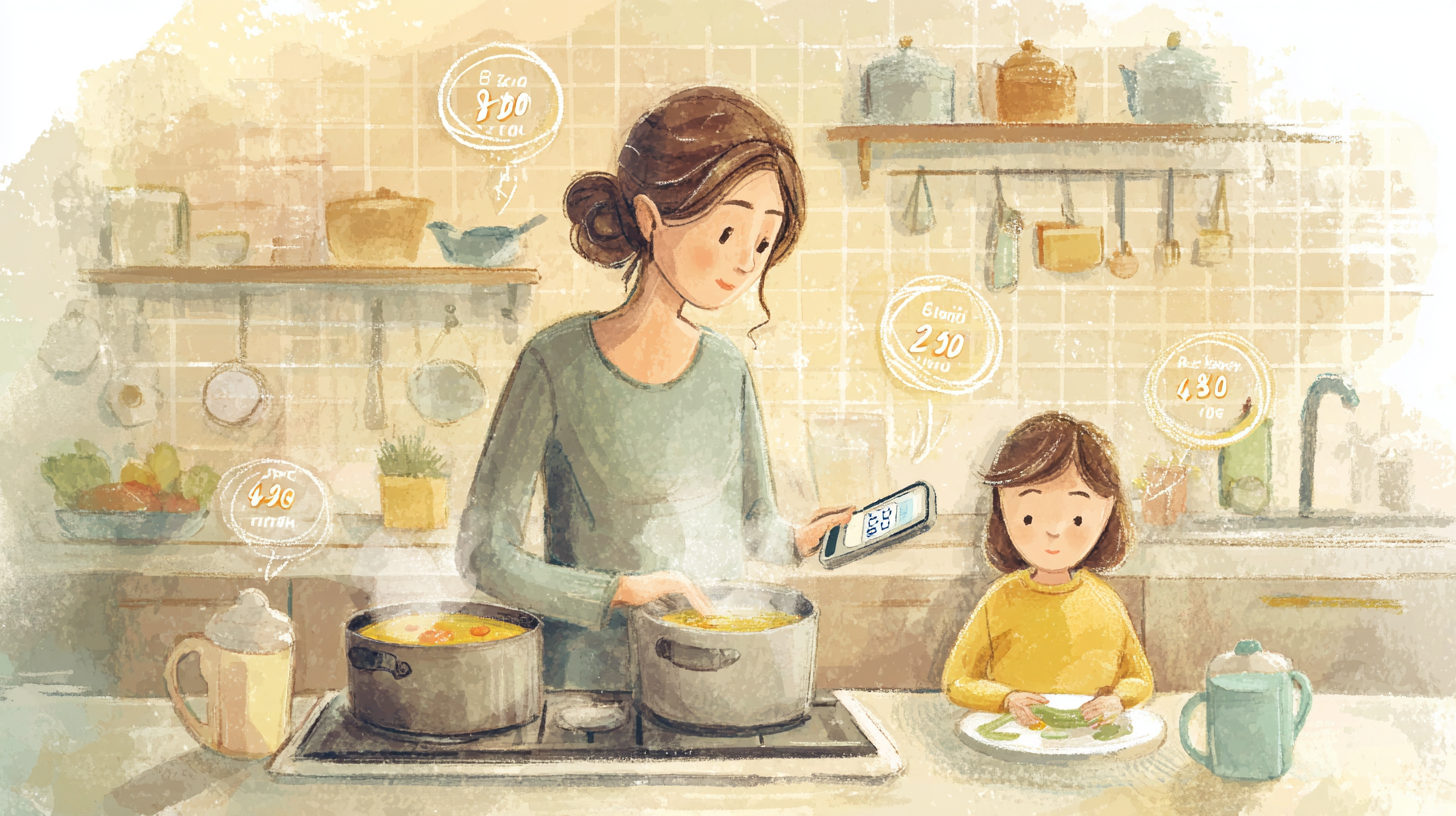 Parent checking food temperature with thermometer while preparing meal for child