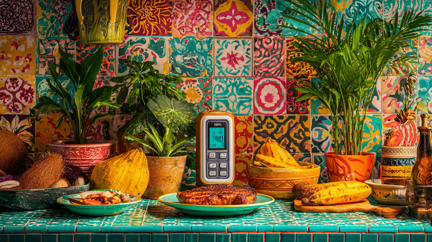 Close-up of digital food thermometer showing safe temperature reading in cooked meat