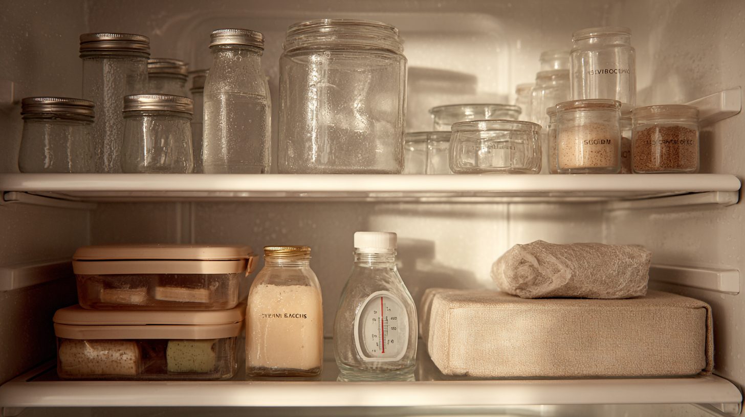 Organized refrigerator with properly stored food in clear containers with thermometer visible
