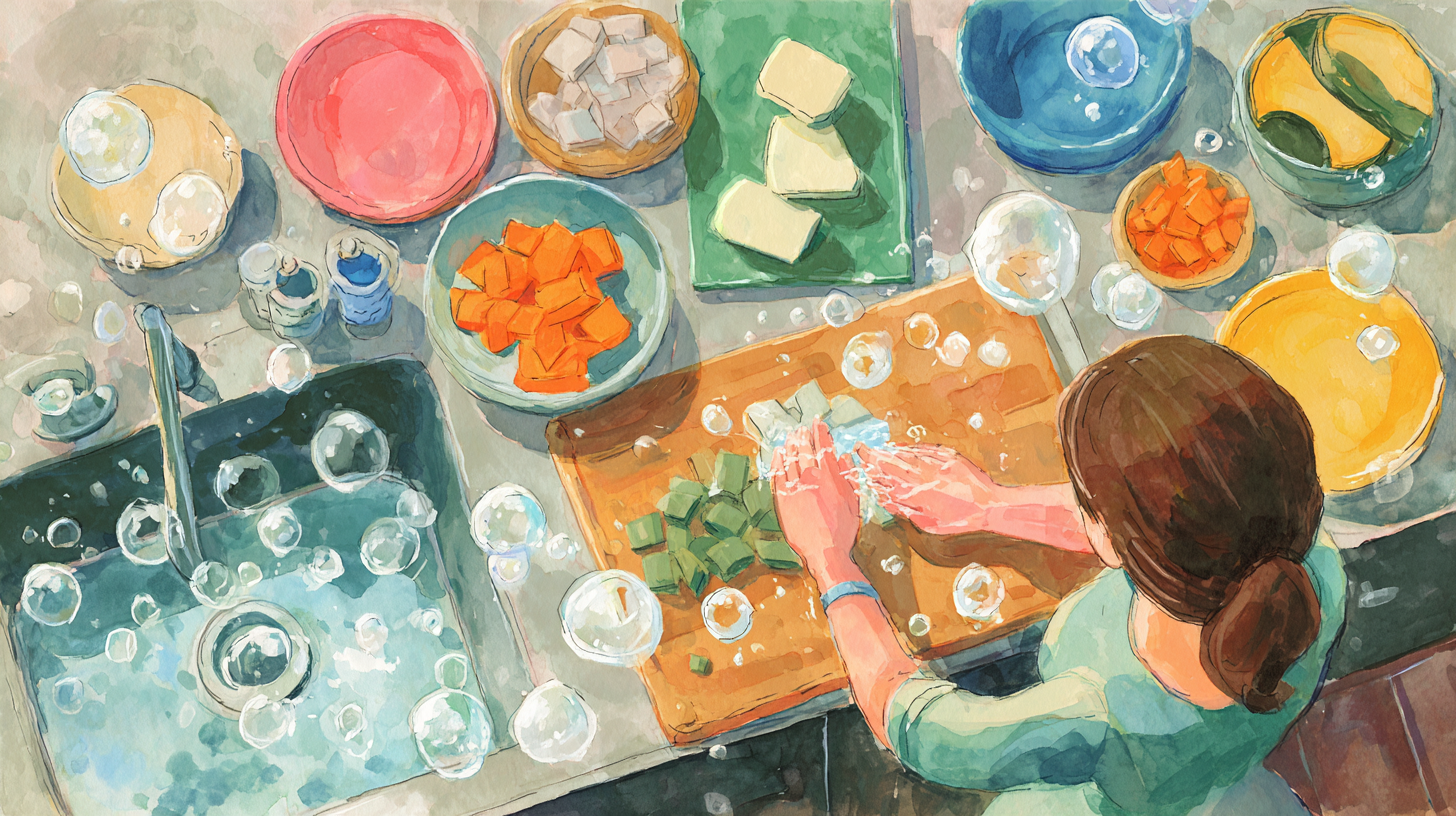 Safe kitchen food preparation zones with separated cutting boards and utensils for preventing cross-contamination