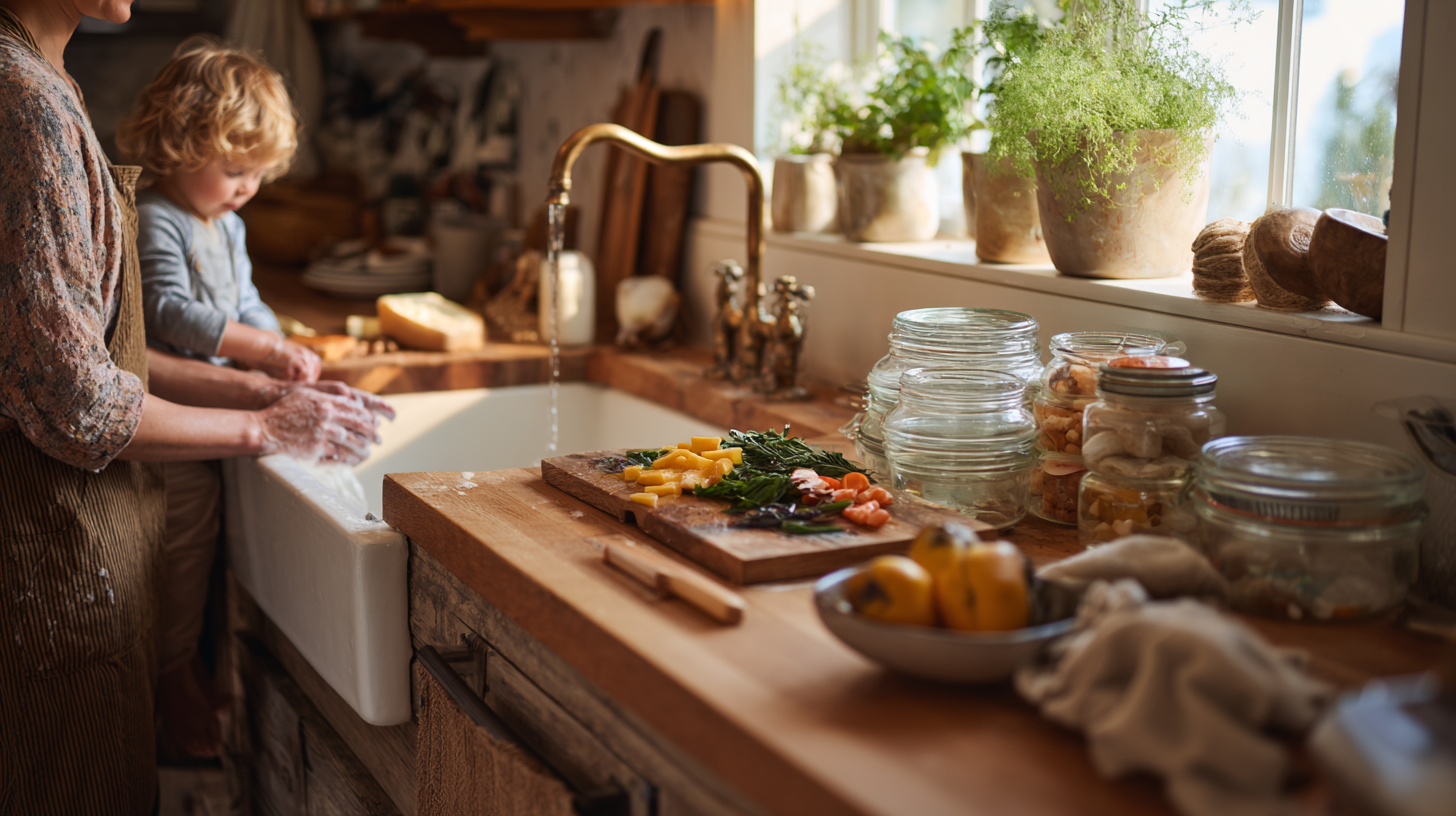 Family-friendly kitchen safety practices showing proper hand washing and food separation techniques
