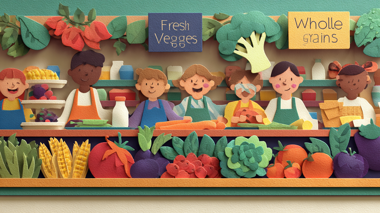 School cafeteria serving line with nutritious meal options and fresh vegetables