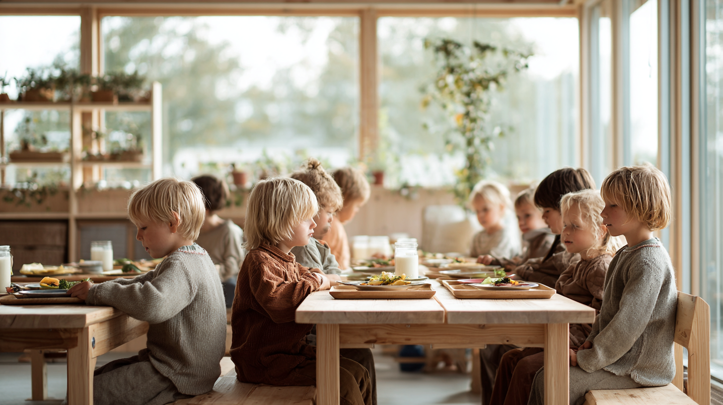 Children eating lunch together in school cafeteria with healthy food choices