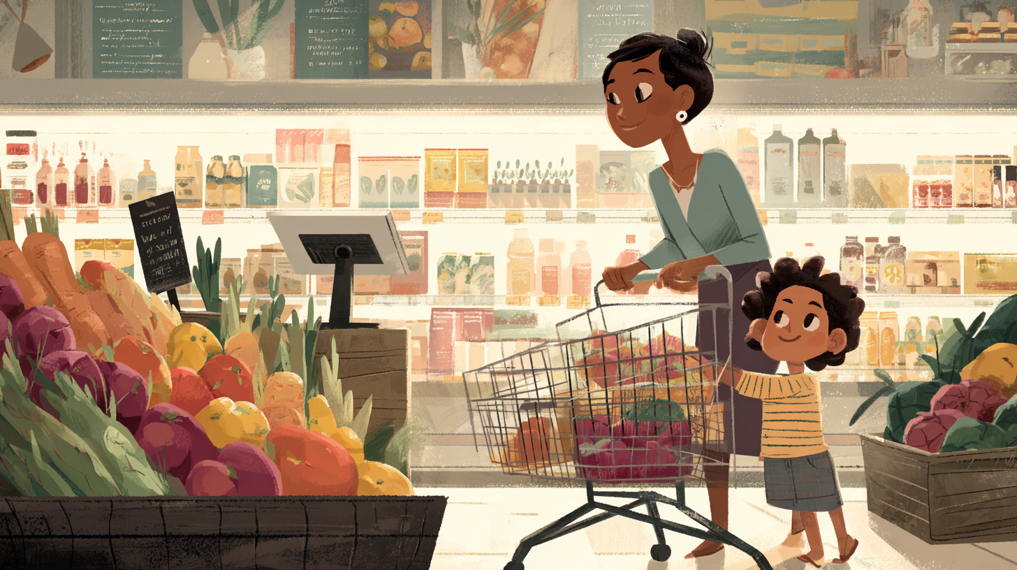Family grocery shopping with food assistance benefits showing fresh produce and healthy food choices