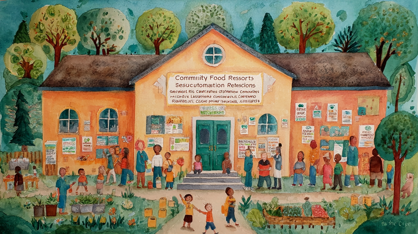 Community food resource center showing diverse families accessing nutrition assistance programs