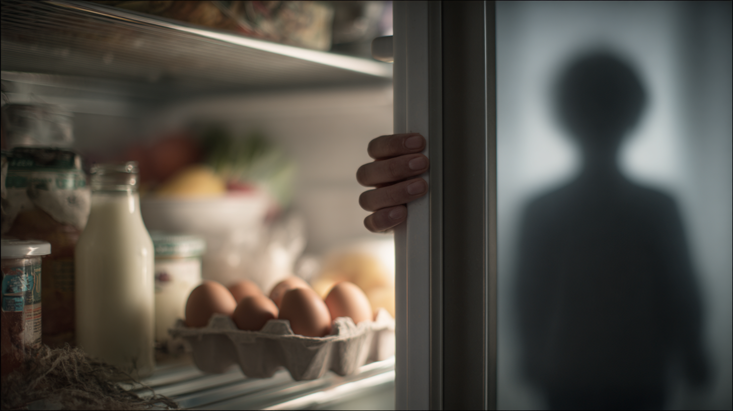 Parent looking at empty refrigerator with child nearby, showing the reality of food insecurity in families