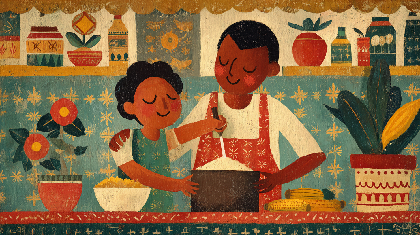 Parent preparing nutritious meal with child in kitchen, showing resilience and family togetherness