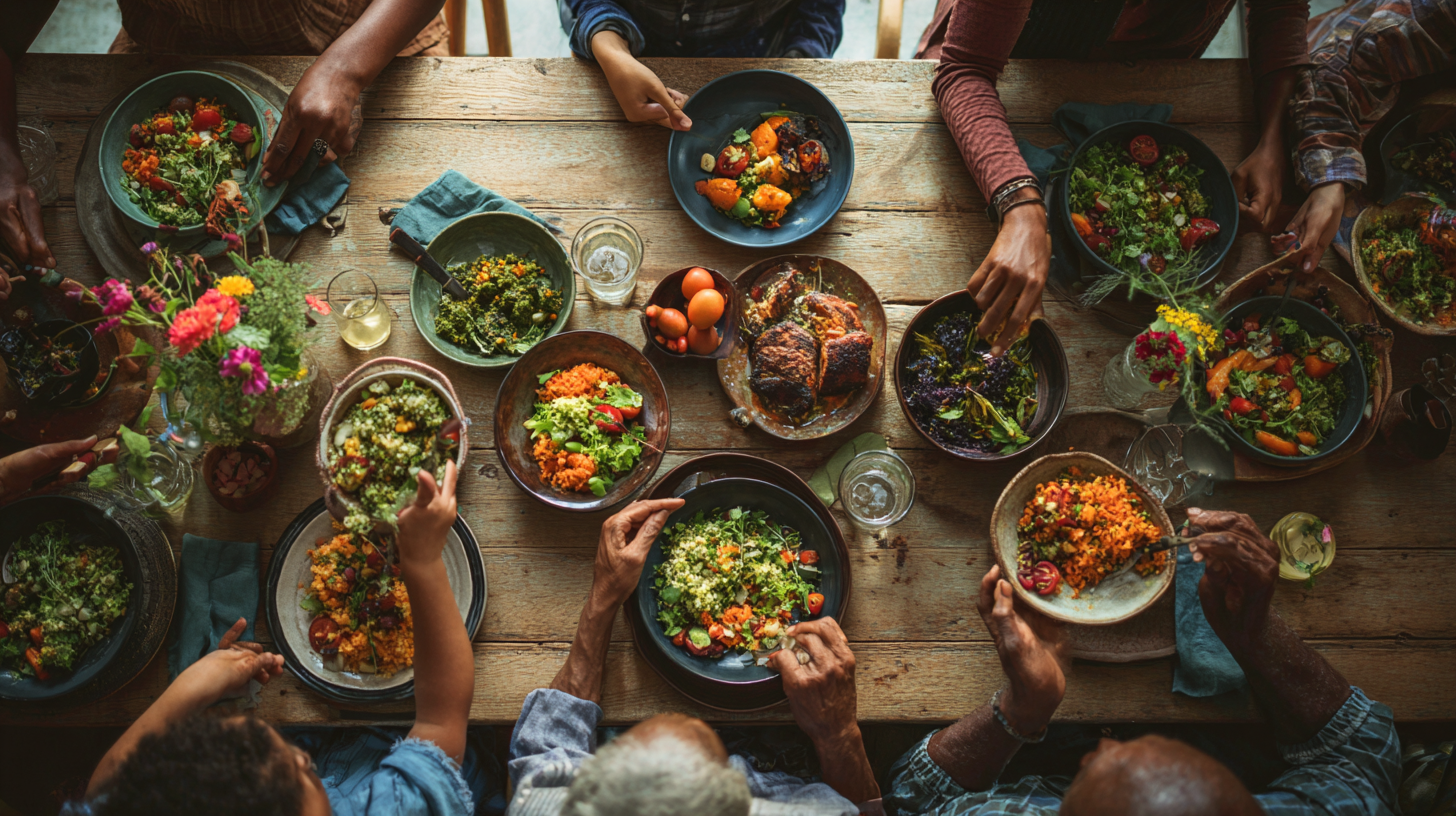 Multi-generational family sharing a meal together, passing down food traditions and gratitude practices