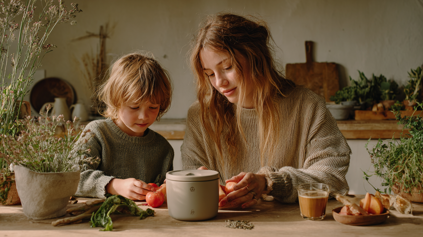 Parent and child sorting food scraps for composting together in a bright kitchen, teaching sustainability and waste reduction