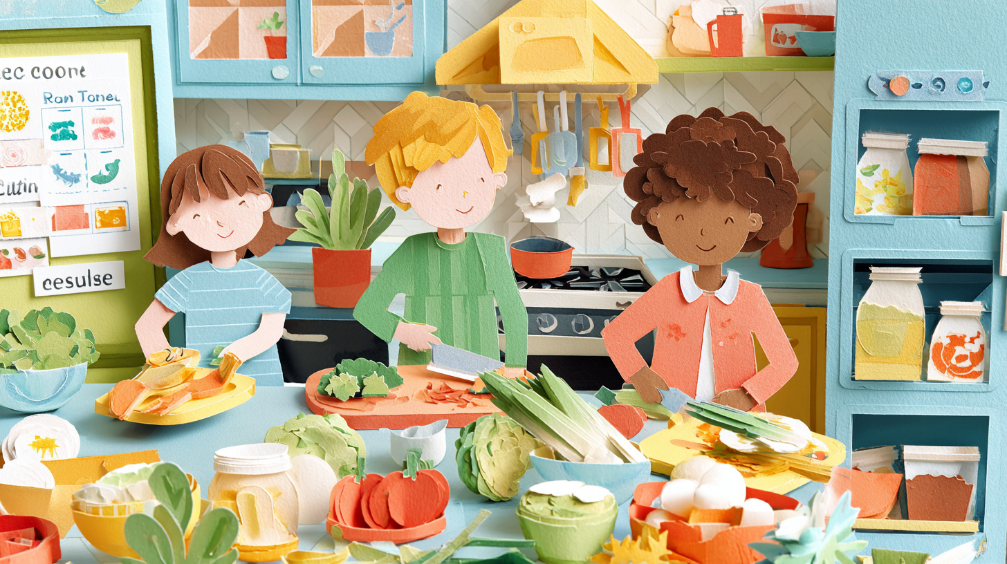 Children excitedly learning to prepare healthy meals and understanding food sustainability in a family kitchen setting