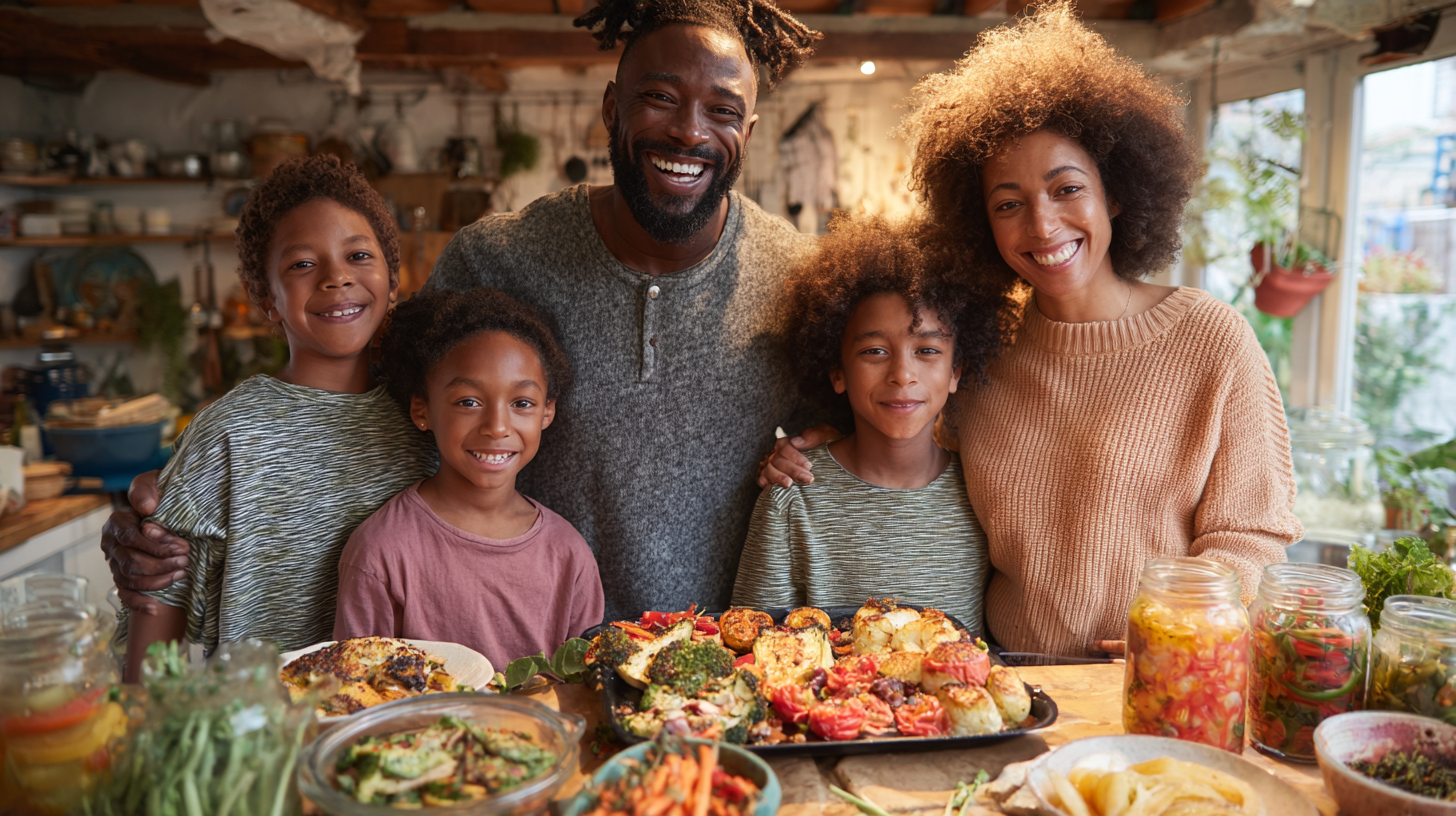 Happy family working together to reduce food waste, teaching children about mindful consumption and environmental responsibility