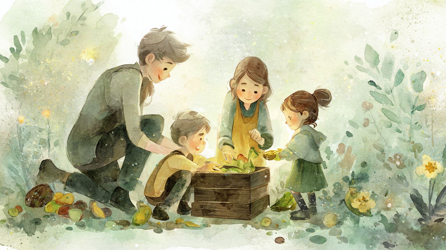 Family composting together with children learning about food scraps and environmental sustainability