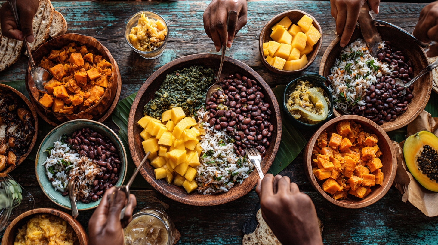 Family-style plant-based meal with Caribbean influences laid out on a table