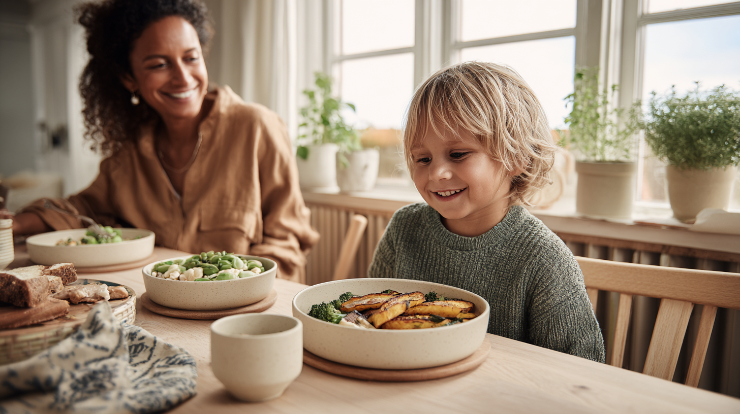 Parent and child smiling while serving plant-based dishes at the table