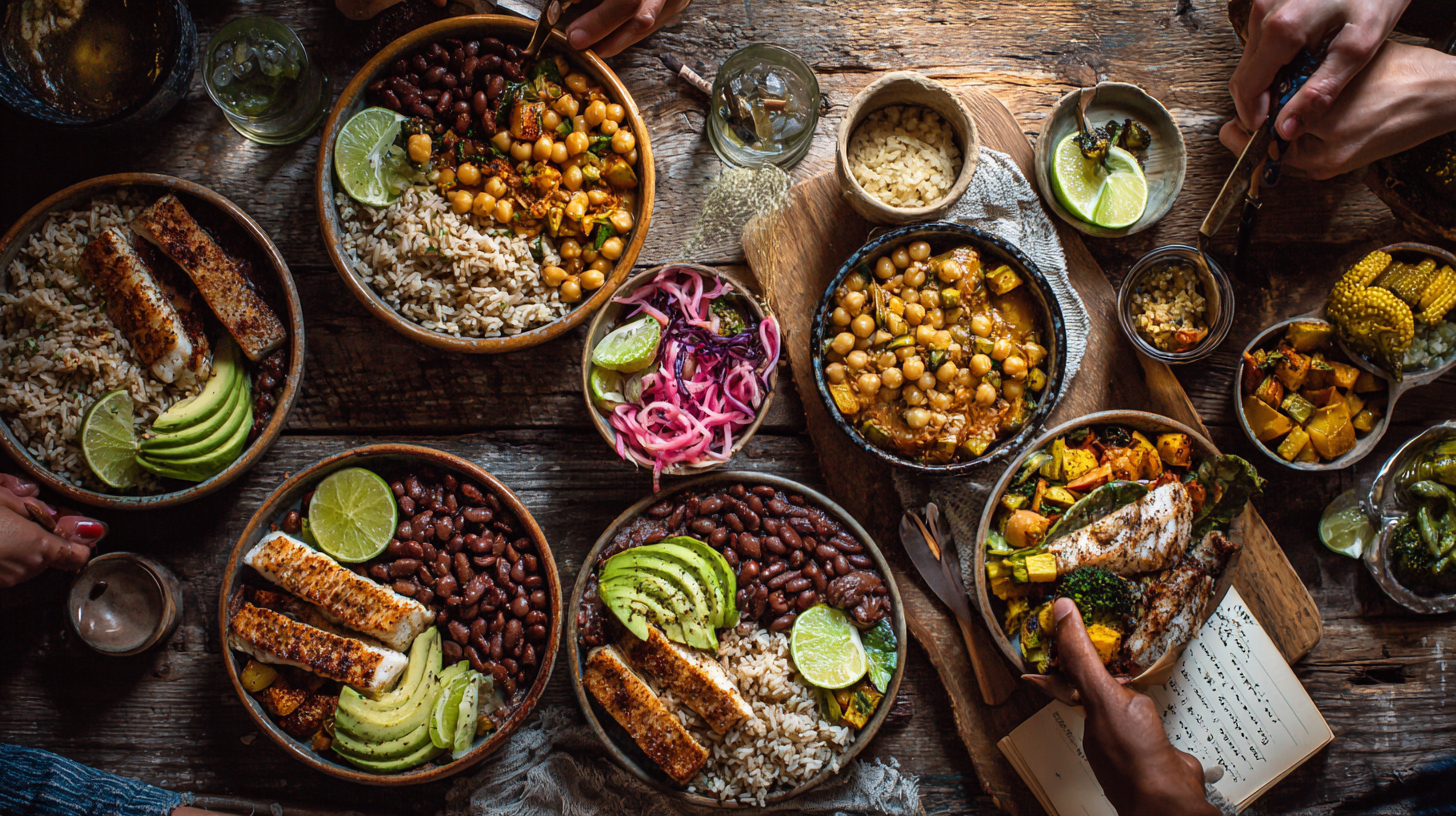Family gathering around a colorful plant-forward meal with options for everyone
