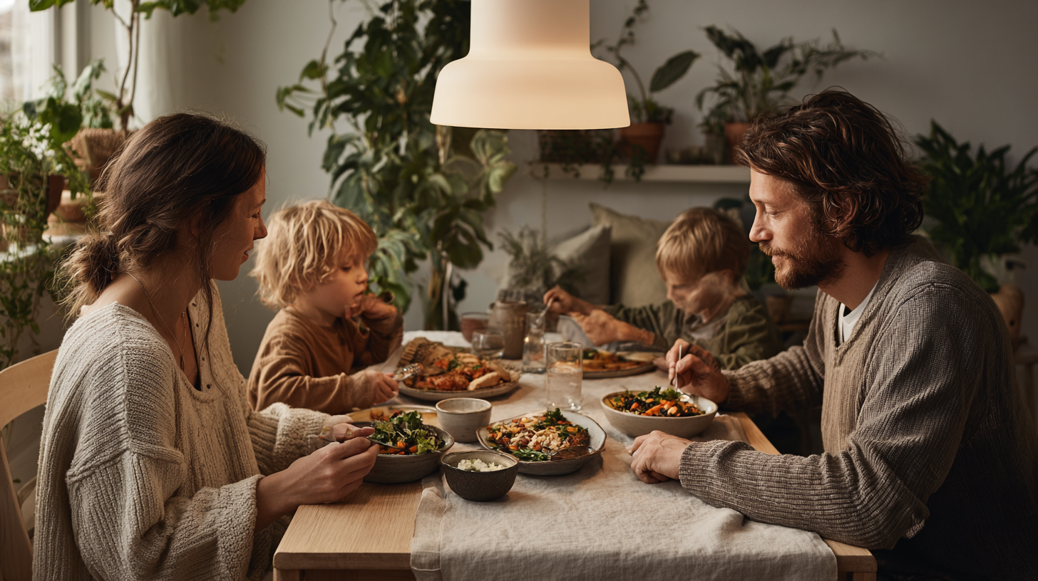 Happy family at dinner table with a variety of plant-based and flexible meal options
