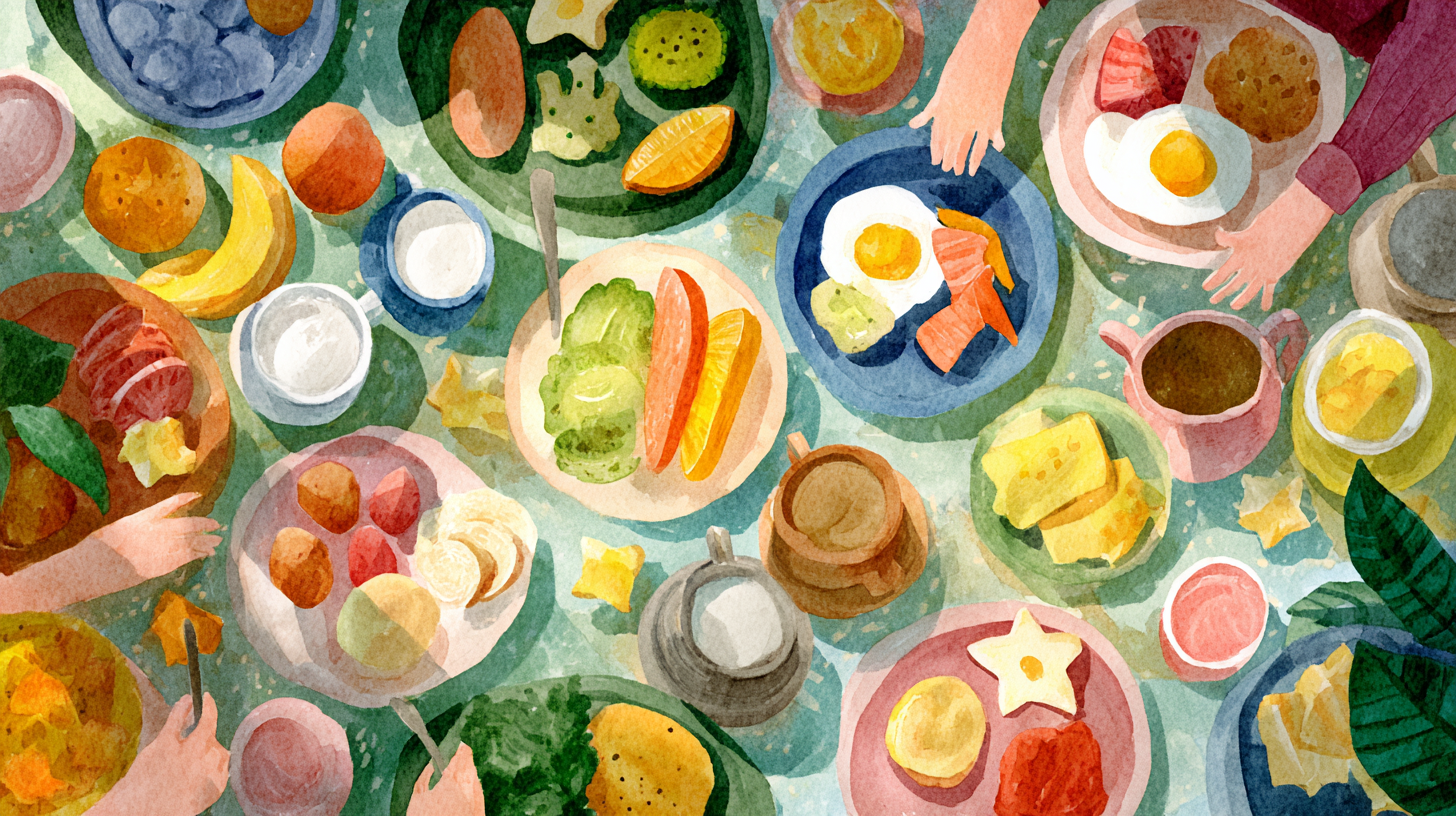 Parent checking child's nutritional intake with healthy food options displayed on kitchen counter