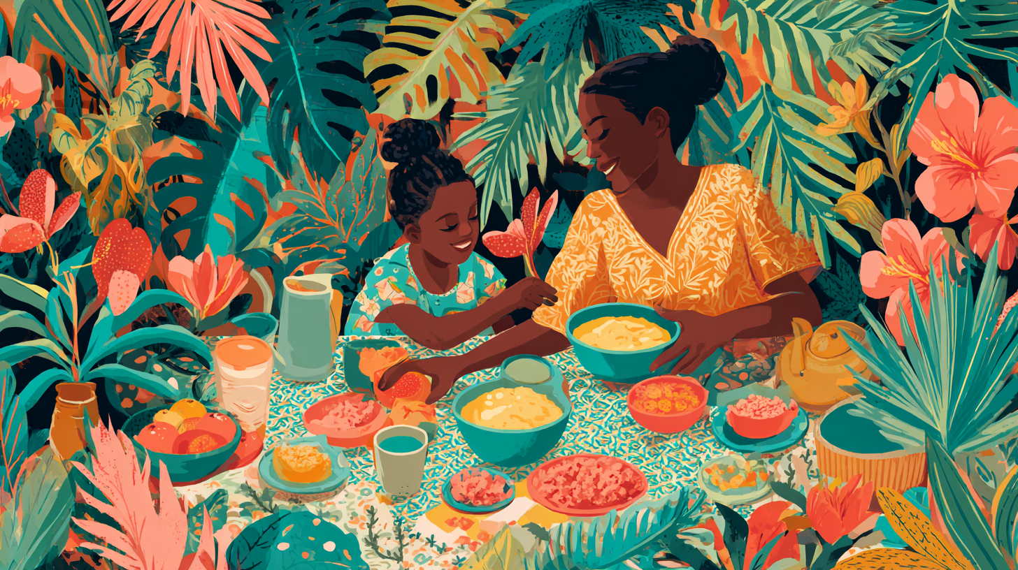 Happy healthy child eating nutritious meal with parents smiling in background