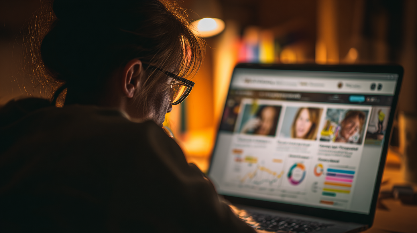 Parent researching nutrition credentials online with concerned expression