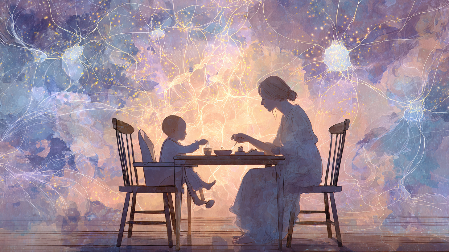 Parent and baby during calm feeding interaction showing stress-free mealtime connection