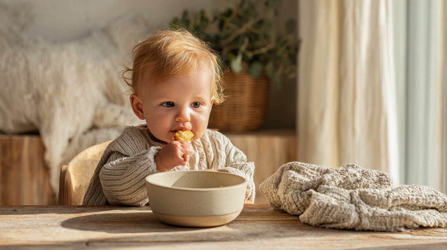 Baby exploring Caribbean-inspired foods independently showing confident self-feeding