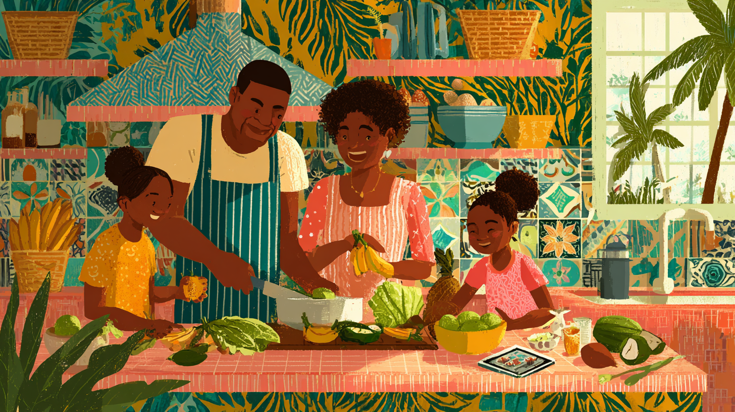 Family cooking together and discussing healthy nutrition choices and food sources