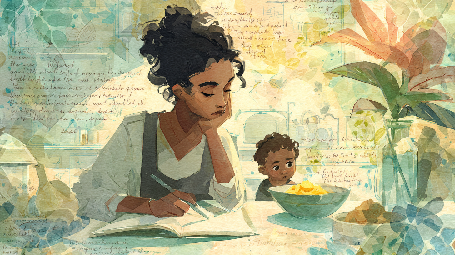 Parent reflecting on changing feeding philosophy with their child at the table