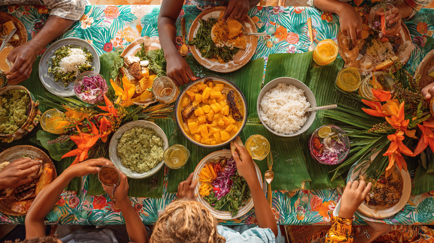 Family enjoying flexible mealtime together with Caribbean inspired dishes