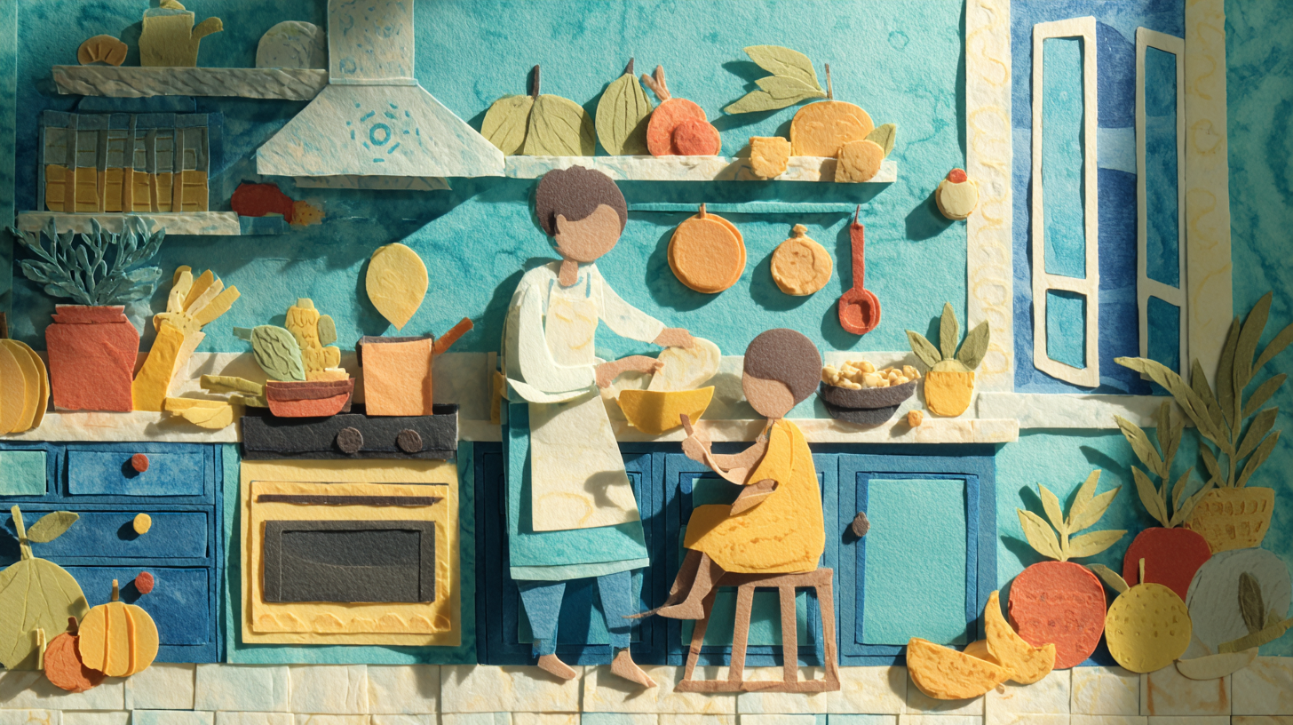 Parent and child cooking Caribbean inspired baby food together in the kitchen